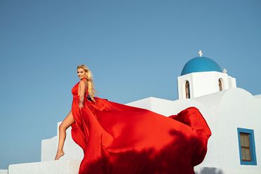 Santorini red dress photoshoot